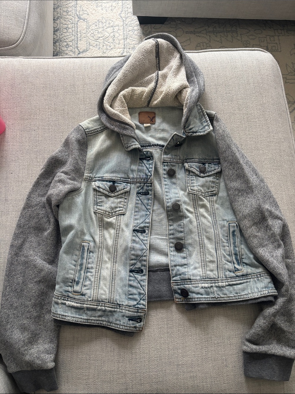 American Eagle Outfitters Light Blue Denim Jacket with Gray Knit Hood